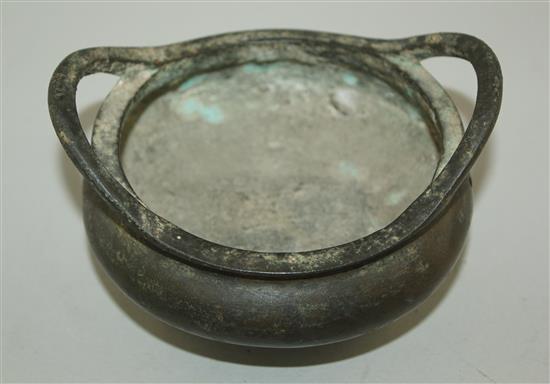 A Chinese bronze ding censer, sixteen character Xuande mark, 19th century or later, width 15.5cm